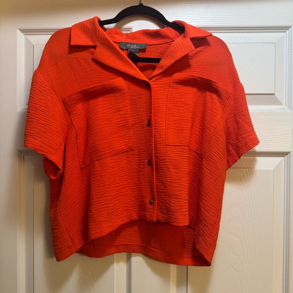 Eileen Fisher Short-Sleeve Button Front Blouse in Bright Orange-Red